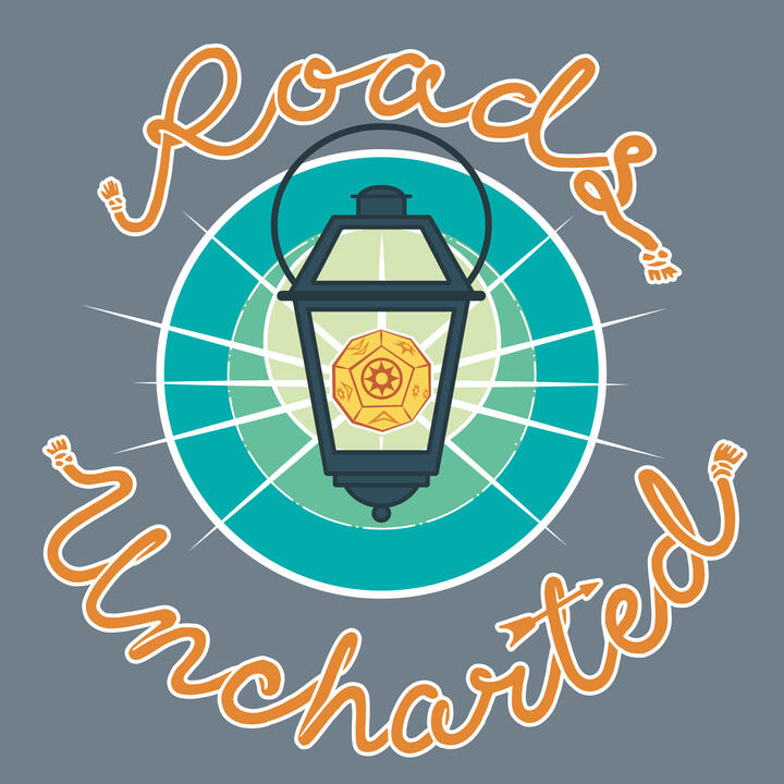 Black lantern with a Genesys yellow die instead of flame. The words Roads Uncharted sit above and below the lantern (respectively) and are drawn to look like rope. Behind the lantern are three teal concentric circles, and all on a grey background.