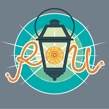 Black lantern with a Genesys yellow die instead of flame. The letters R and U sit on either side of the lantern (respectively) and are drawn to look like rope. Behind the lantern are three teal concentric circles, and everything sits on a grey background.