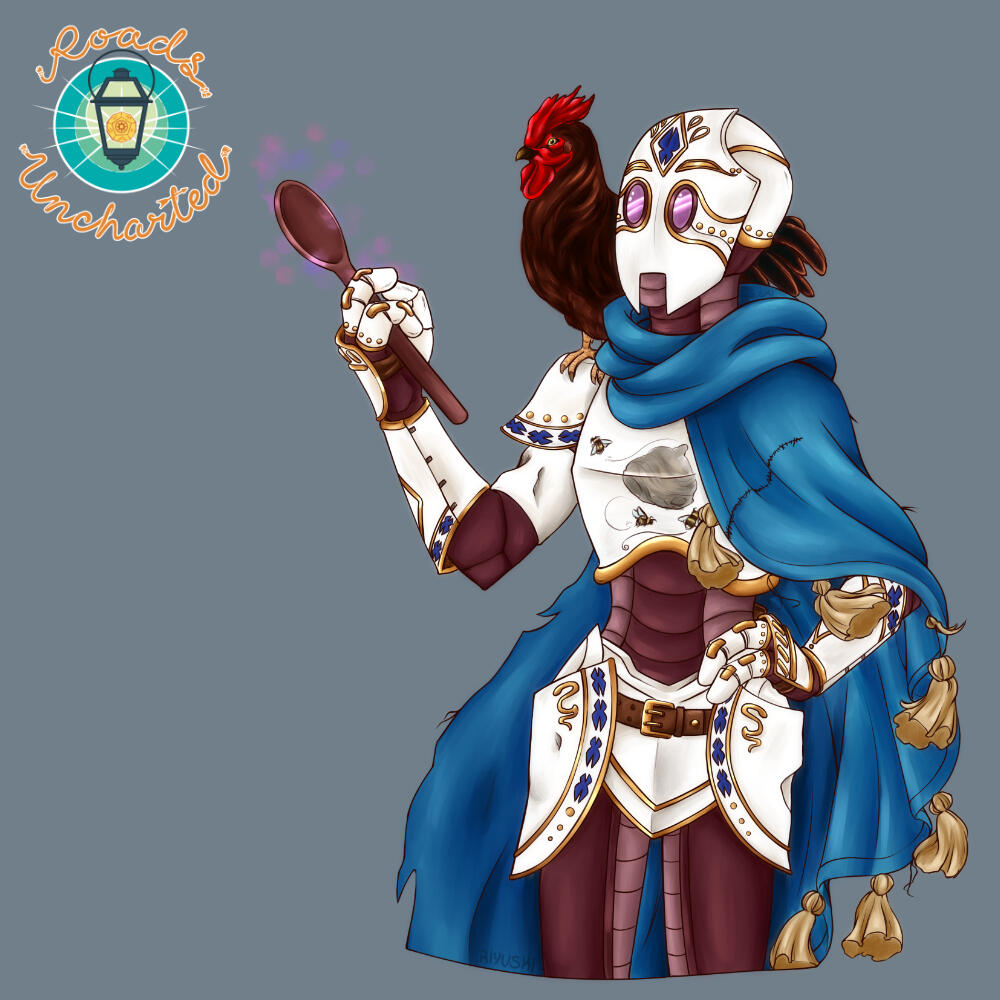 On a grey background is Eight. They are a white plated warforged with a Rhode Island red chicken perched on their right shoulder. They wear a blue cape and wield a glowing spoon in their right hand. At the top left is the Roads Uncharted logo.