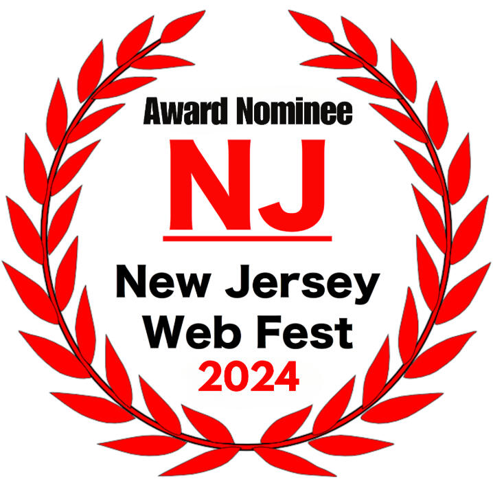 Red laurel on a white background. Inside the laurel are the words "Award Nominee New Jersey Web Fest 2024". 2024 is also in red, the rest of the lettering is in black.