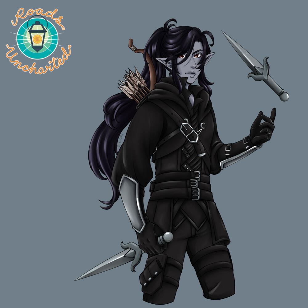 On a grey background is Trix. They are a dark elf with grey skin, black hair and black leather armor, wielding two daggers. One of those daggers is being flipped casually. At the top left is the Roads Uncharted logo.