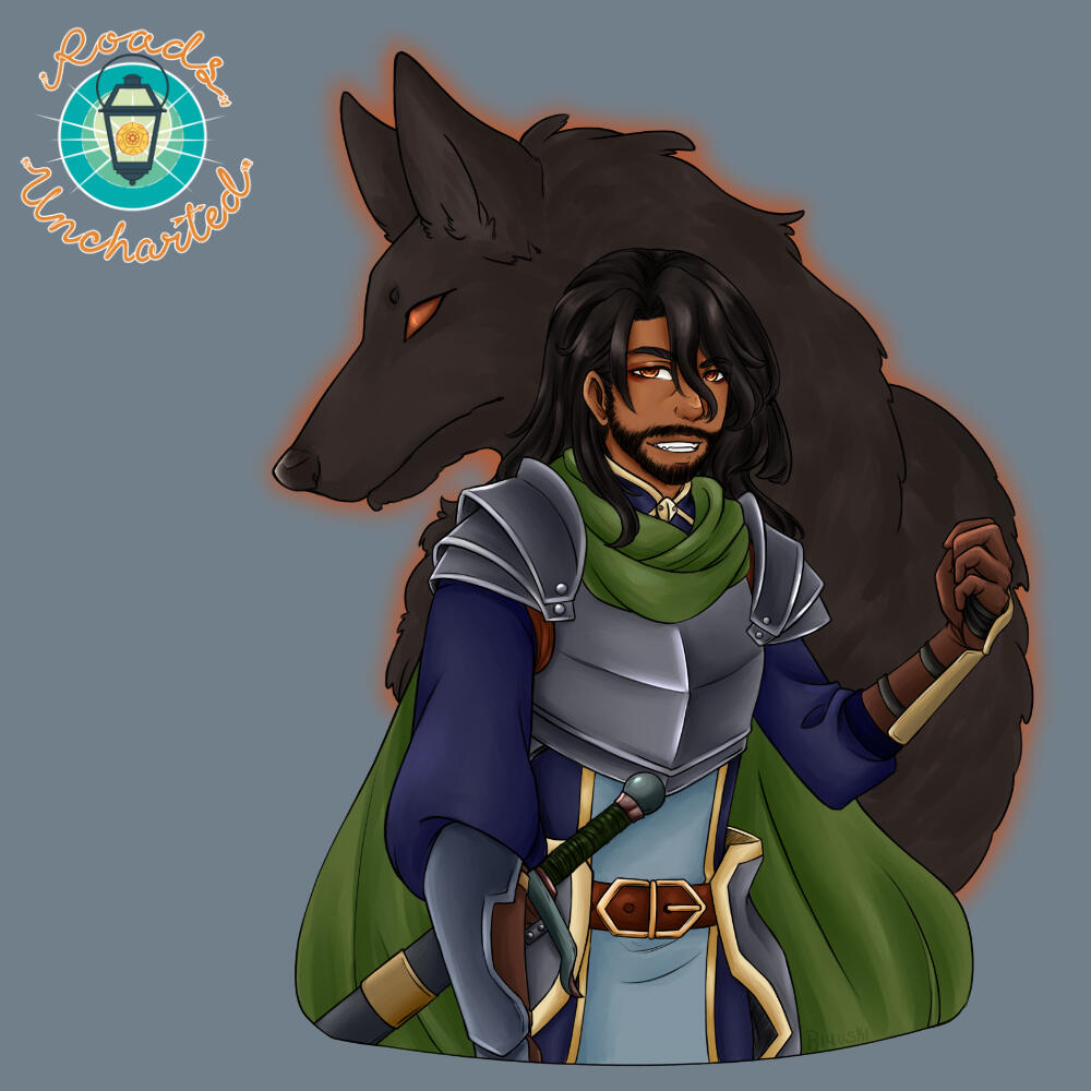 On a grey background is Rou. He is a darker skinned man with long black hair and a beard, wearing armor and a green cloak. A dark brown wolf hovers behind him. At the top left is the Roads Uncharted logo.